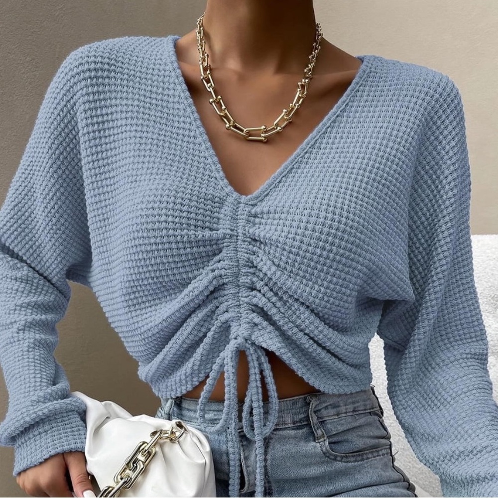 Blue Ruched Knit Sweater